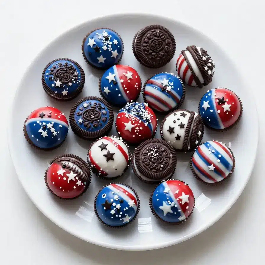 A plate of patriotic Oreo balls decorated with red, white, and blue sprinkles for a festive dessert.