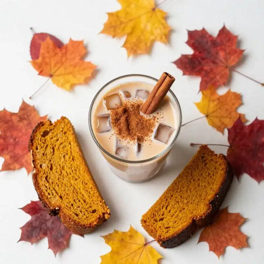 Iced Pumpkin Cream Chai Latte 5 A glass of iced pumpkin cream chai latte topped with frothy pumpkin cream and a sprinkle of cinnamon.