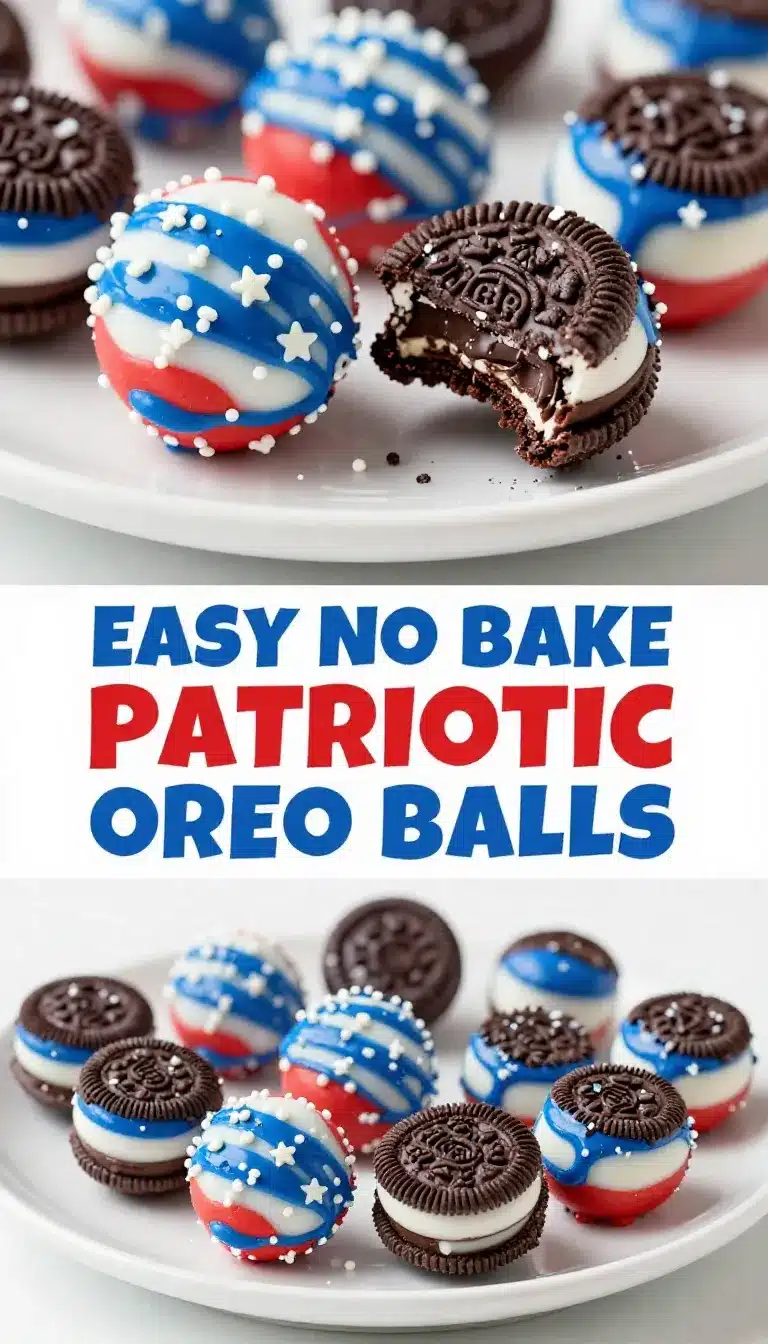 A plate of patriotic Oreo balls decorated with red, white, and blue sprinkles for a festive dessert.
