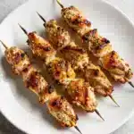 Grilled Ranch Garlic Parmesan Chicken Skewers served on a wooden platter with fresh herbs.