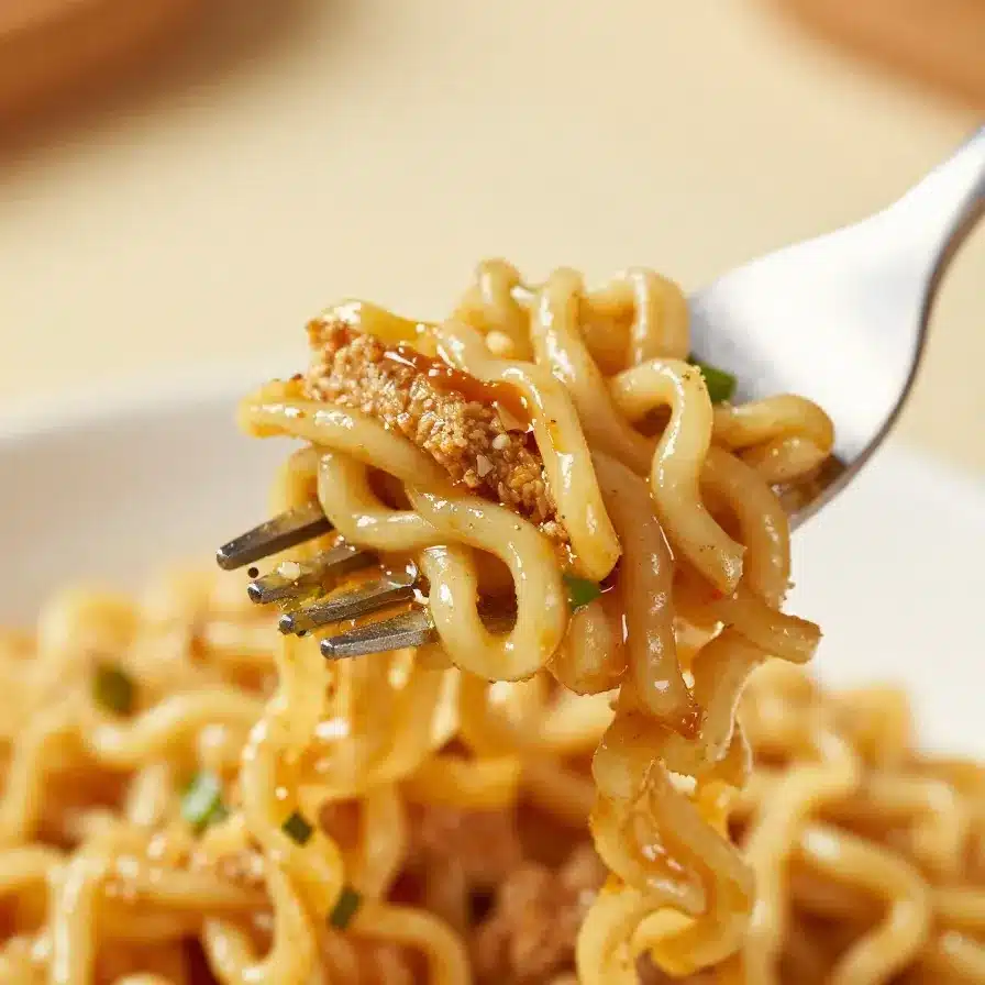 A bowl of creamy Ramen Buldak Carbonara topped with parsley and served with chopsticks.