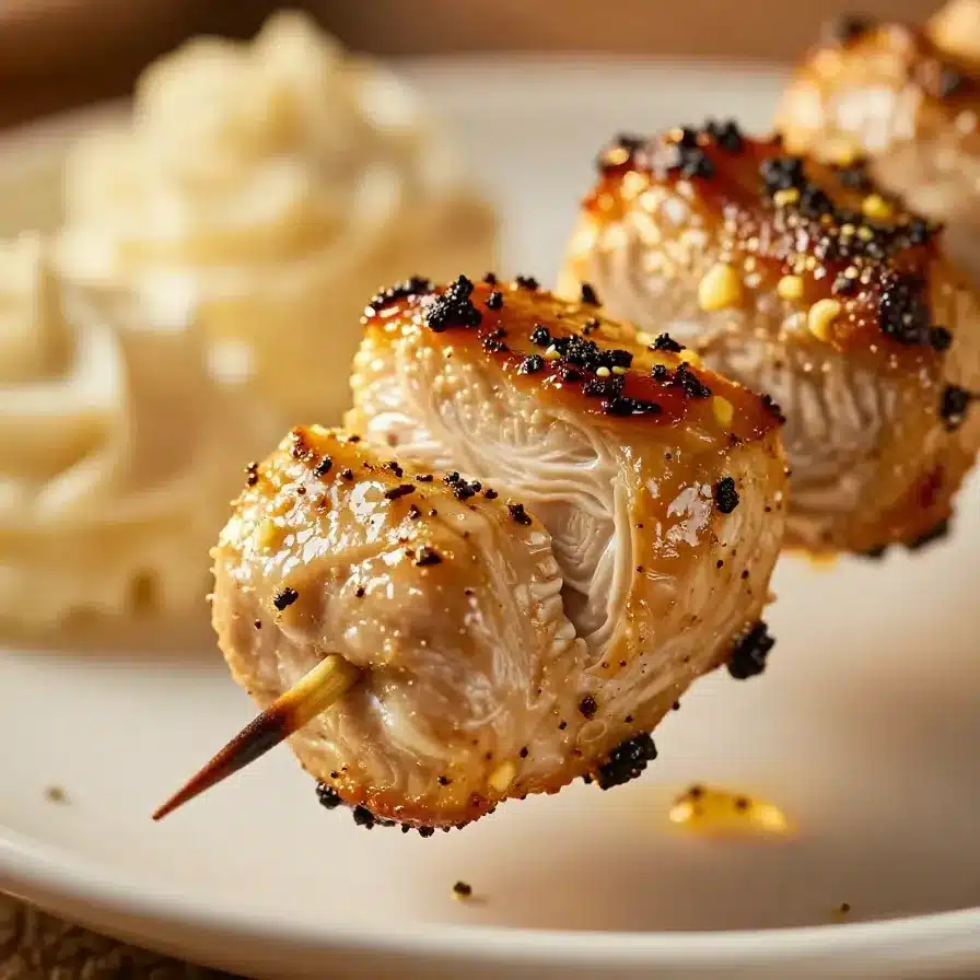 Ranch Garlic Parmesan Chicken Skewers 5 Grilled Ranch Garlic Parmesan Chicken Skewers served on a wooden platter with fresh herbs.
