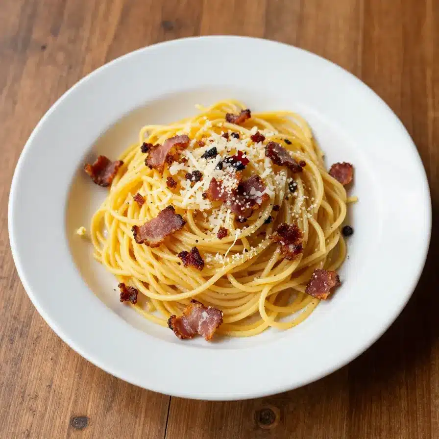 Carbonara In Rome 5 A traditional plate of Carbonara served in a rustic Roman trattoria