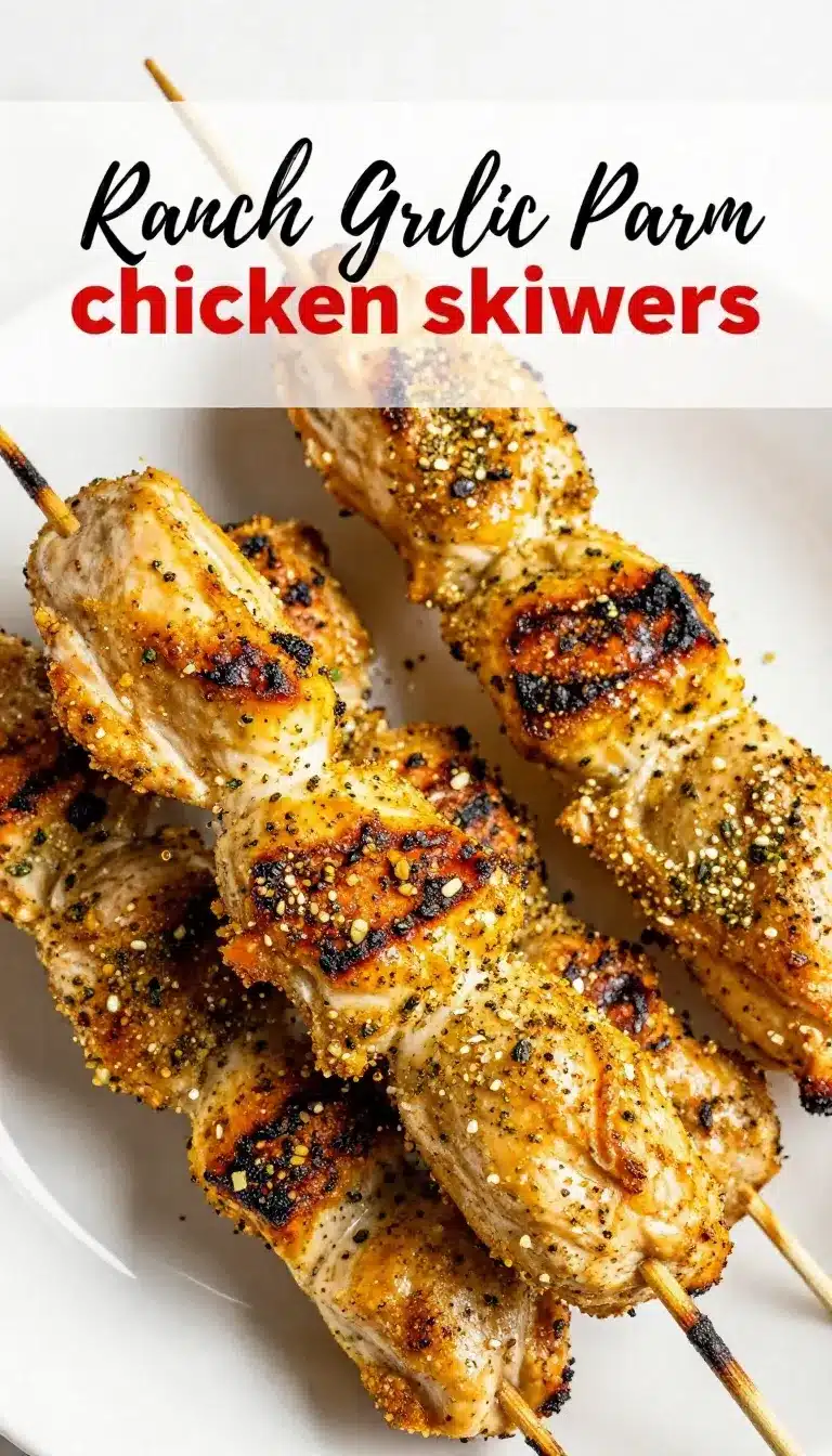 Ranch Garlic Parmesan Chicken Skewers 9 Grilled Ranch Garlic Parmesan Chicken Skewers served on a wooden platter with fresh herbs.