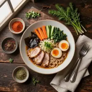 A steaming bowl of spicy Buldak Ramen topped with sesame seeds and green onions.