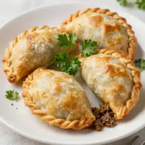 A close-up view of freshly baked empanadas on a wooden cutting board.
