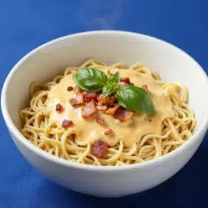 A delicious bowl of Ramen Carbonara topped with crispy bacon and a sprinkle of parmesan cheese
