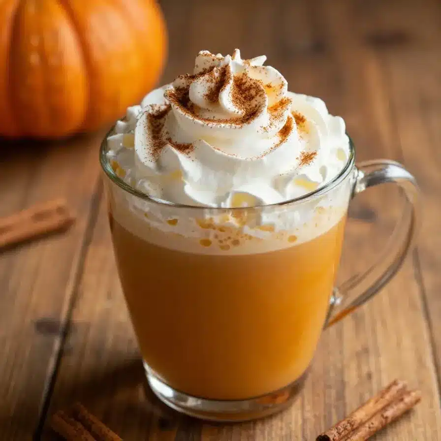 A close-up of a homemade pumpkin spice latte in a white mug topped with whipped cream and cinnamon.