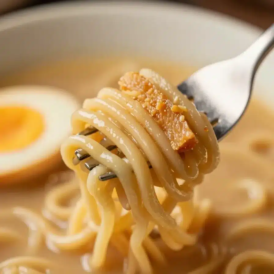 A steaming bowl of spicy Buldak Ramen topped with sesame seeds and green onions.