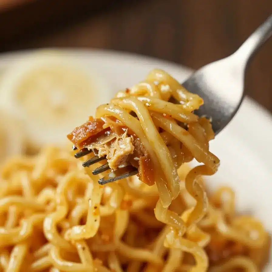 A delicious bowl of Ramen Carbonara topped with crispy bacon and a sprinkle of parmesan cheese