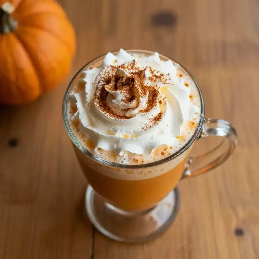 A close-up of a homemade pumpkin spice latte in a white mug topped with whipped cream and cinnamon.