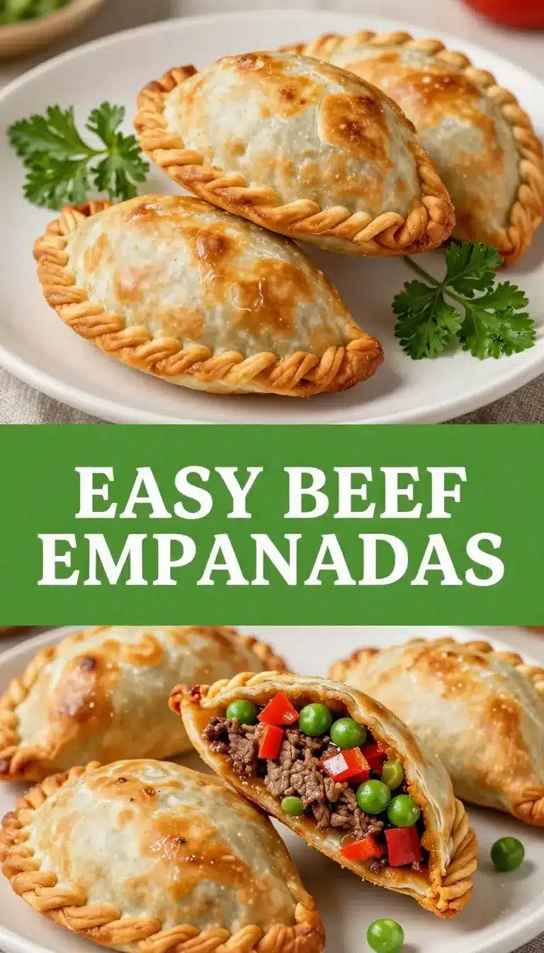 How To Make Empanadas 9 A close-up view of freshly baked empanadas on a wooden cutting board.