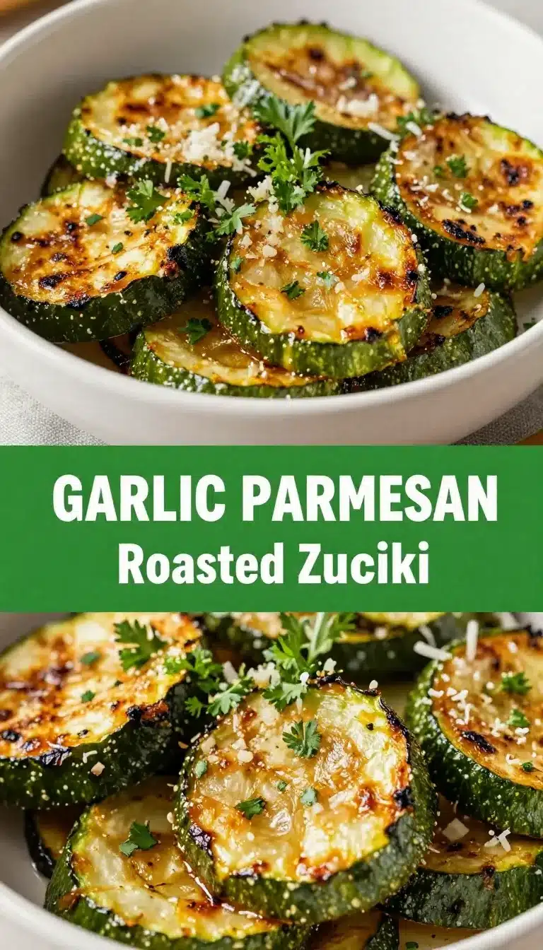 Garlic Parmesan Roasted Zucchini – Crispy Healthy Side in 25 Mins 9 A plate of garlic parmesan roasted zucchini slices, golden and crispy.