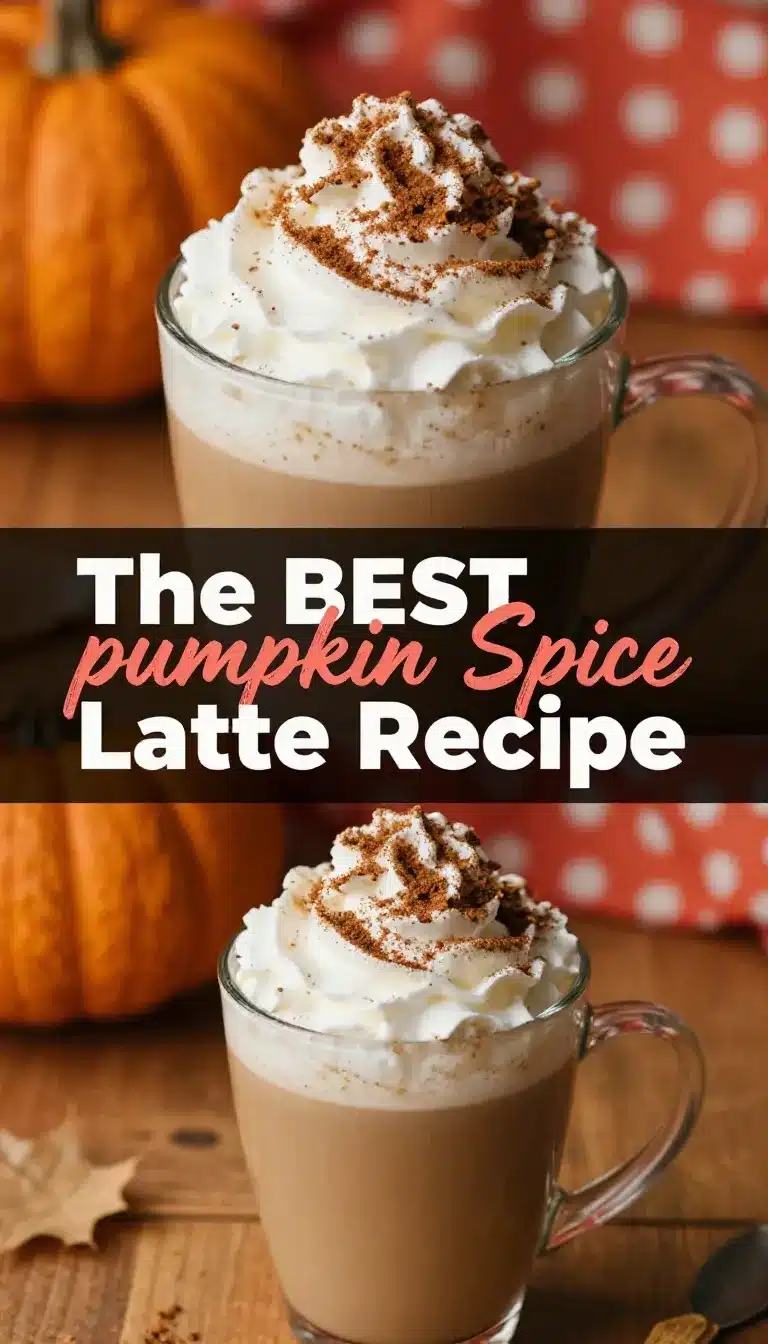 A close-up of a homemade pumpkin spice latte in a white mug topped with whipped cream and cinnamon.