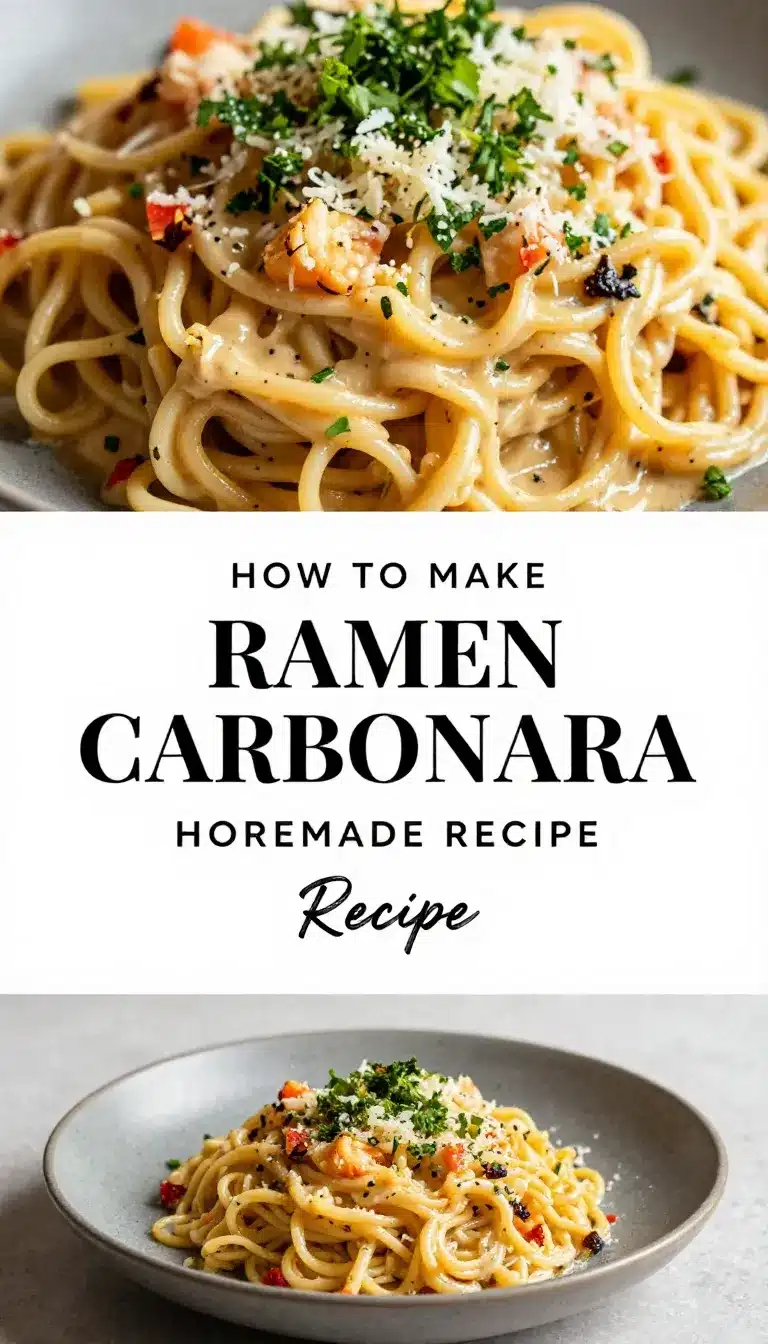 A delicious bowl of Ramen Carbonara topped with crispy bacon and a sprinkle of parmesan cheese