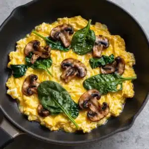 A plate of freshly made mushroom spinach scrambled eggs served on a wooden table.