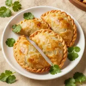 Golden-brown beef empanadas served on a wooden platter with dipping sauce.
