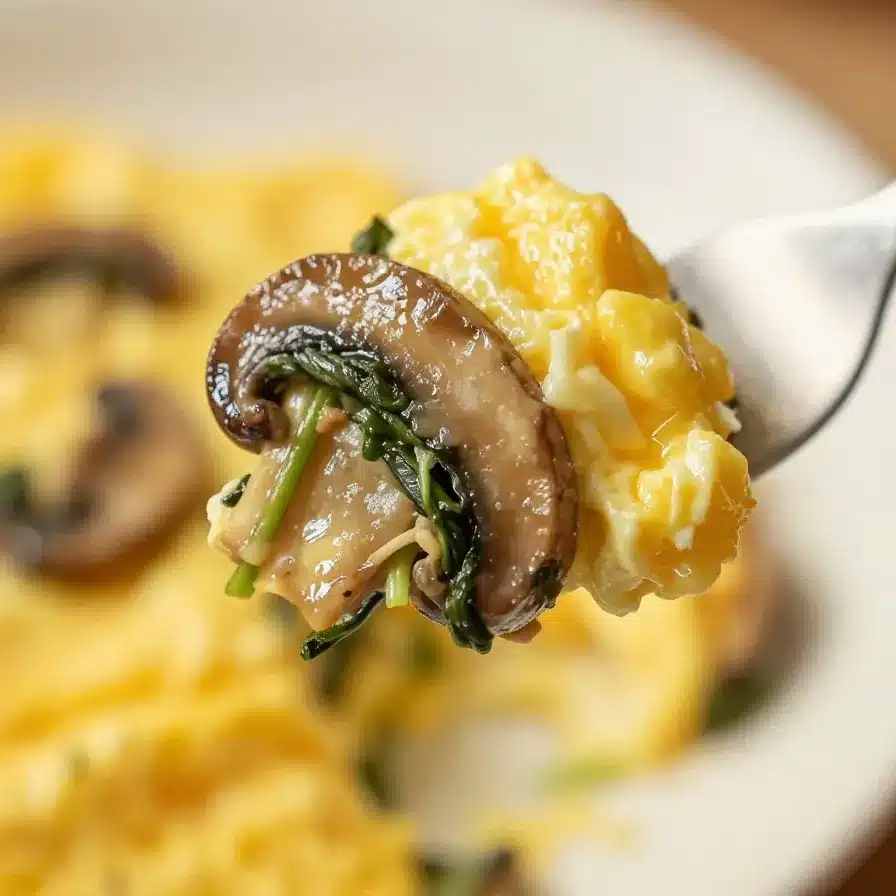 A plate of freshly made mushroom spinach scrambled eggs served on a wooden table.