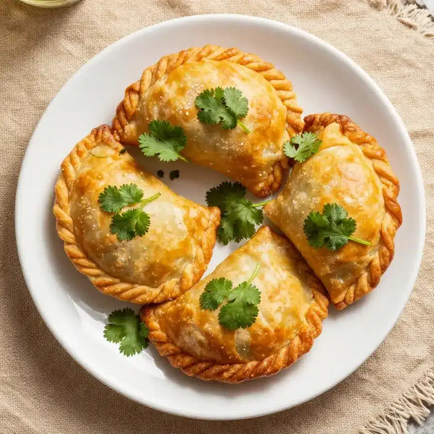 The BEST Beef Empanadas 5 Golden-brown beef empanadas served on a wooden platter with dipping sauce.