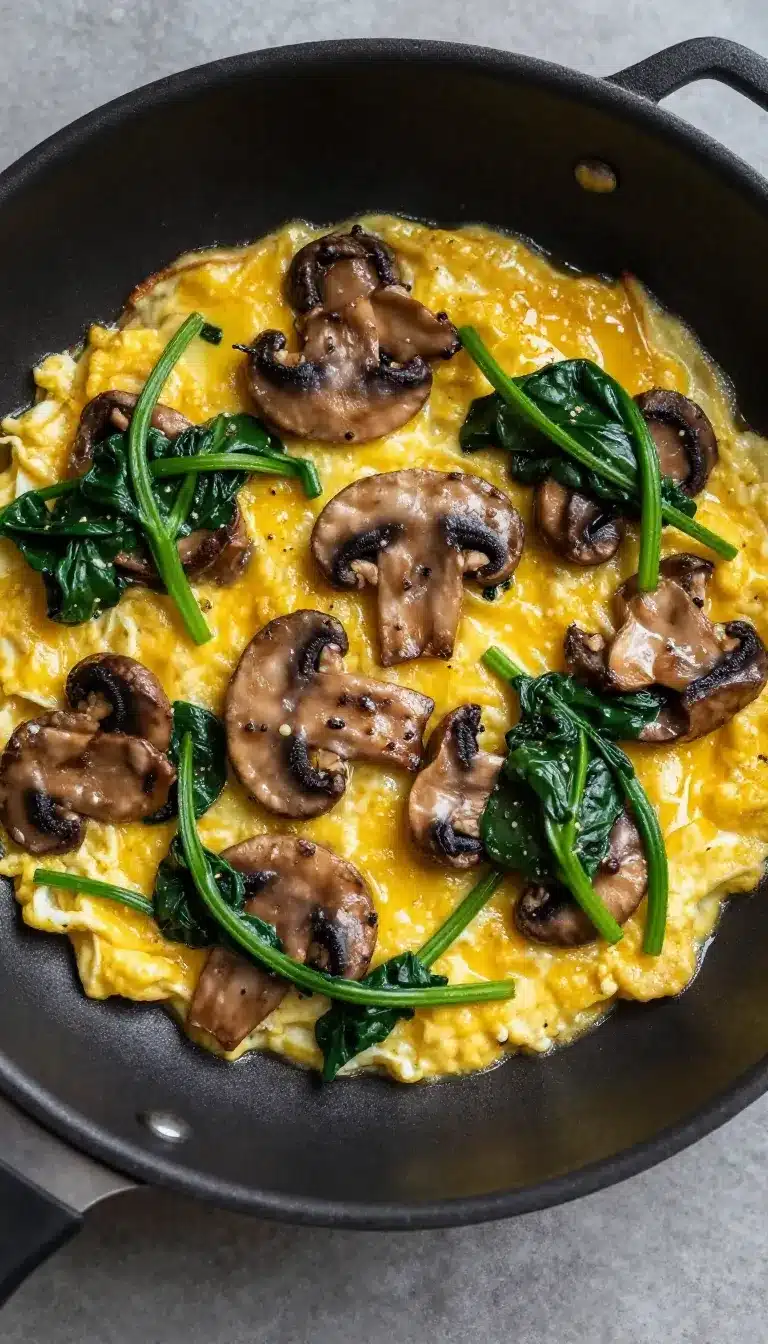 A plate of freshly made mushroom spinach scrambled eggs served on a wooden table.