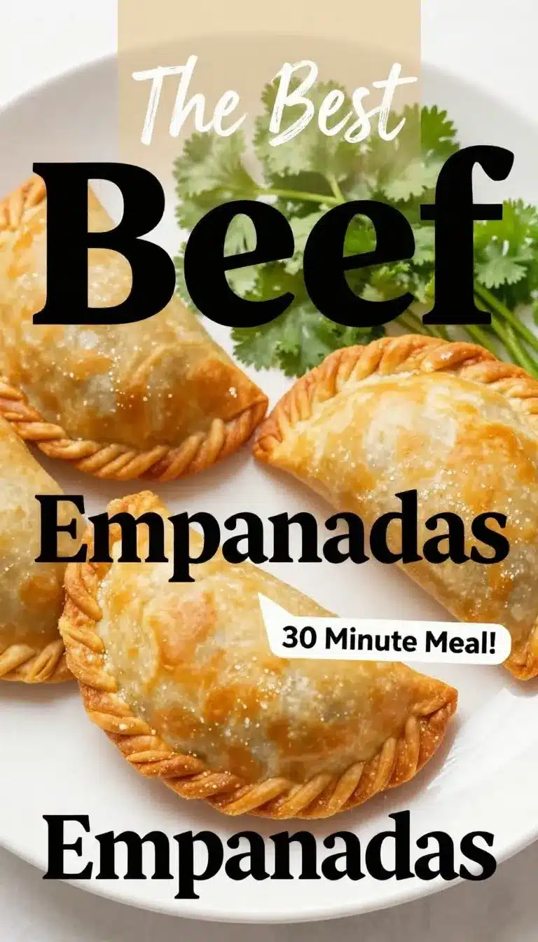 The BEST Beef Empanadas 9 Golden-brown beef empanadas served on a wooden platter with dipping sauce.