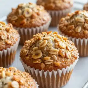 Freshly baked healthy banana oatmeal muffins arranged on a wooden table.
