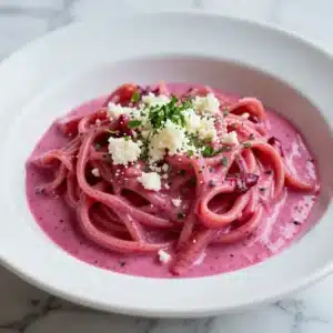 A bowl of vibrant beetroot pasta sauce garnished with fresh herbs and served over spaghetti.