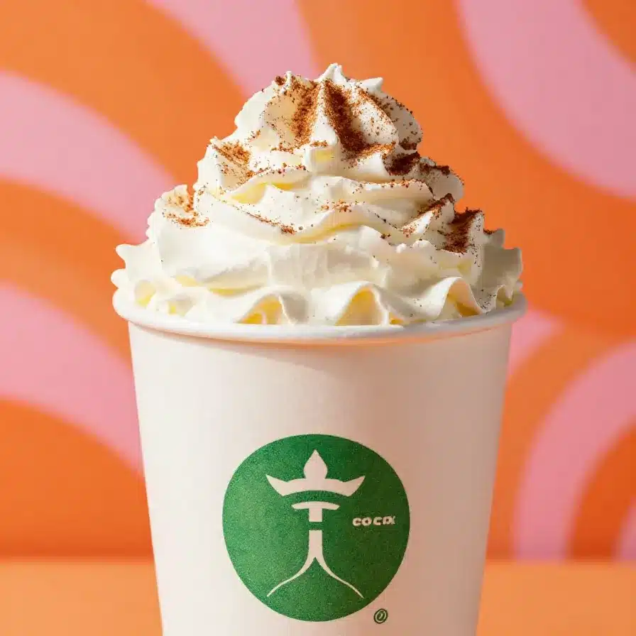 A steaming cup of skinny pumpkin spice latte topped with foam and cinnamon.