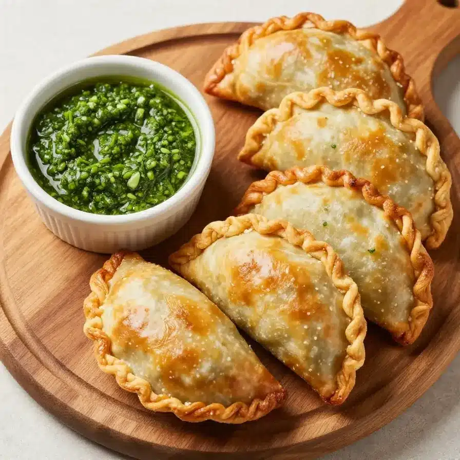 Colombian Empanada Recipe Made with Cornmeal 5 Close-up of Colombian empanadas made with cornmeal, served on a wooden plate.