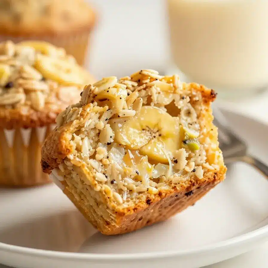 Freshly baked healthy banana oatmeal muffins arranged on a wooden table.
