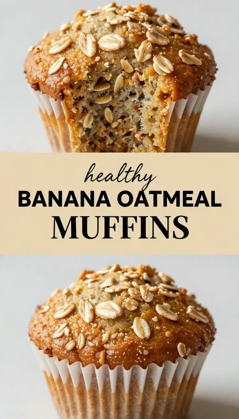 Freshly baked healthy banana oatmeal muffins arranged on a wooden table.