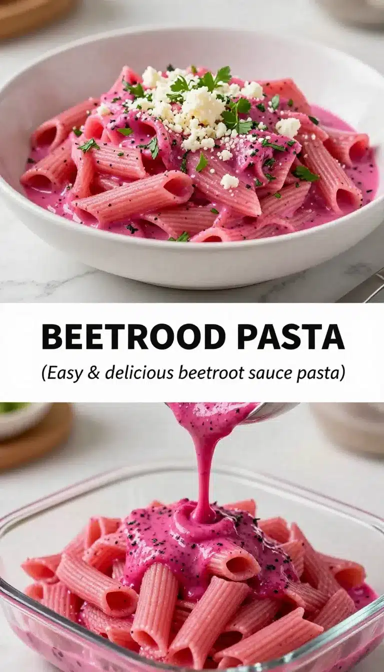A bowl of vibrant beetroot pasta sauce garnished with fresh herbs and served over spaghetti.