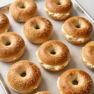 Freshly baked 3-ingredient protein bagels served on a wooden plate, made using an air fryer.