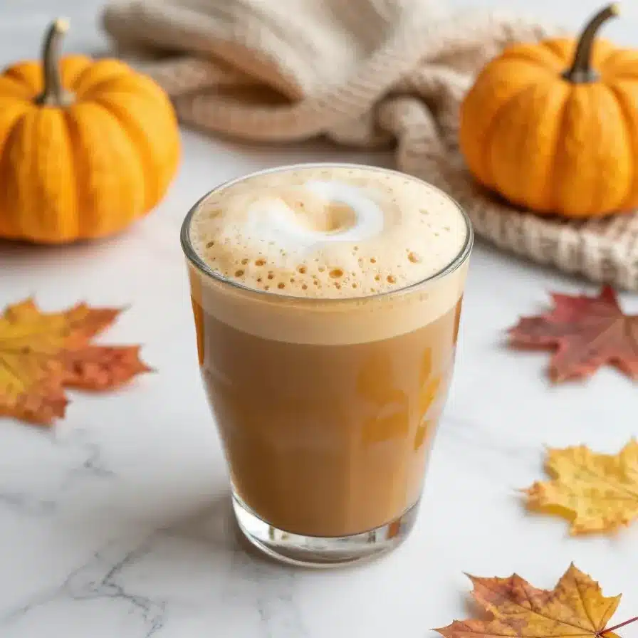 A glass of iced pumpkin cream chai latte served on a wooden table with fall-themed decor.