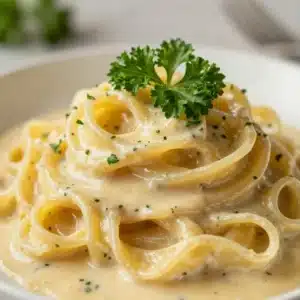A plate of garlic parmesan pasta garnished with fresh parsley