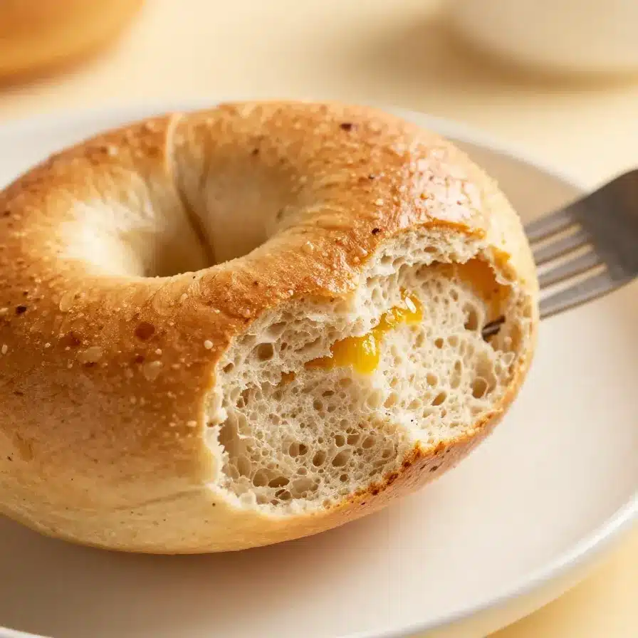 Freshly baked 3-ingredient protein bagels served on a wooden plate, made using an air fryer.