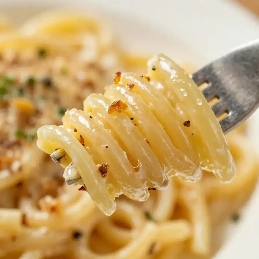 A plate of garlic parmesan pasta garnished with fresh parsley