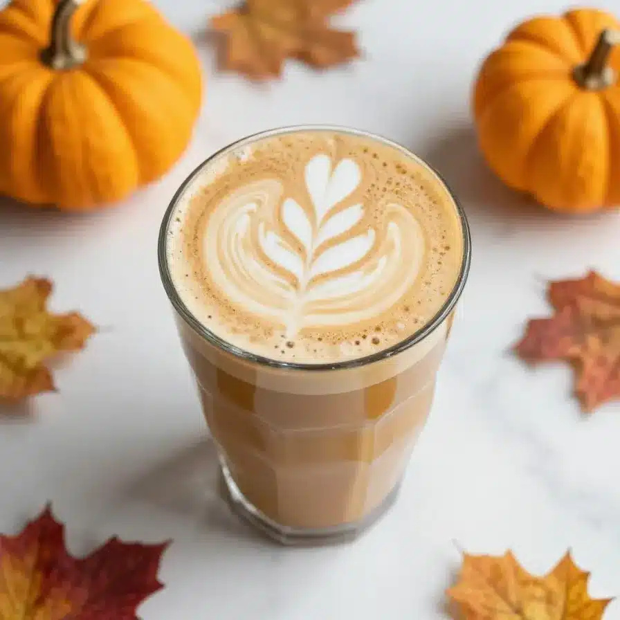 A glass of iced pumpkin cream chai latte served on a wooden table with fall-themed decor.
