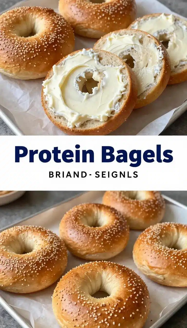 Freshly baked 3-ingredient protein bagels served on a wooden plate, made using an air fryer.