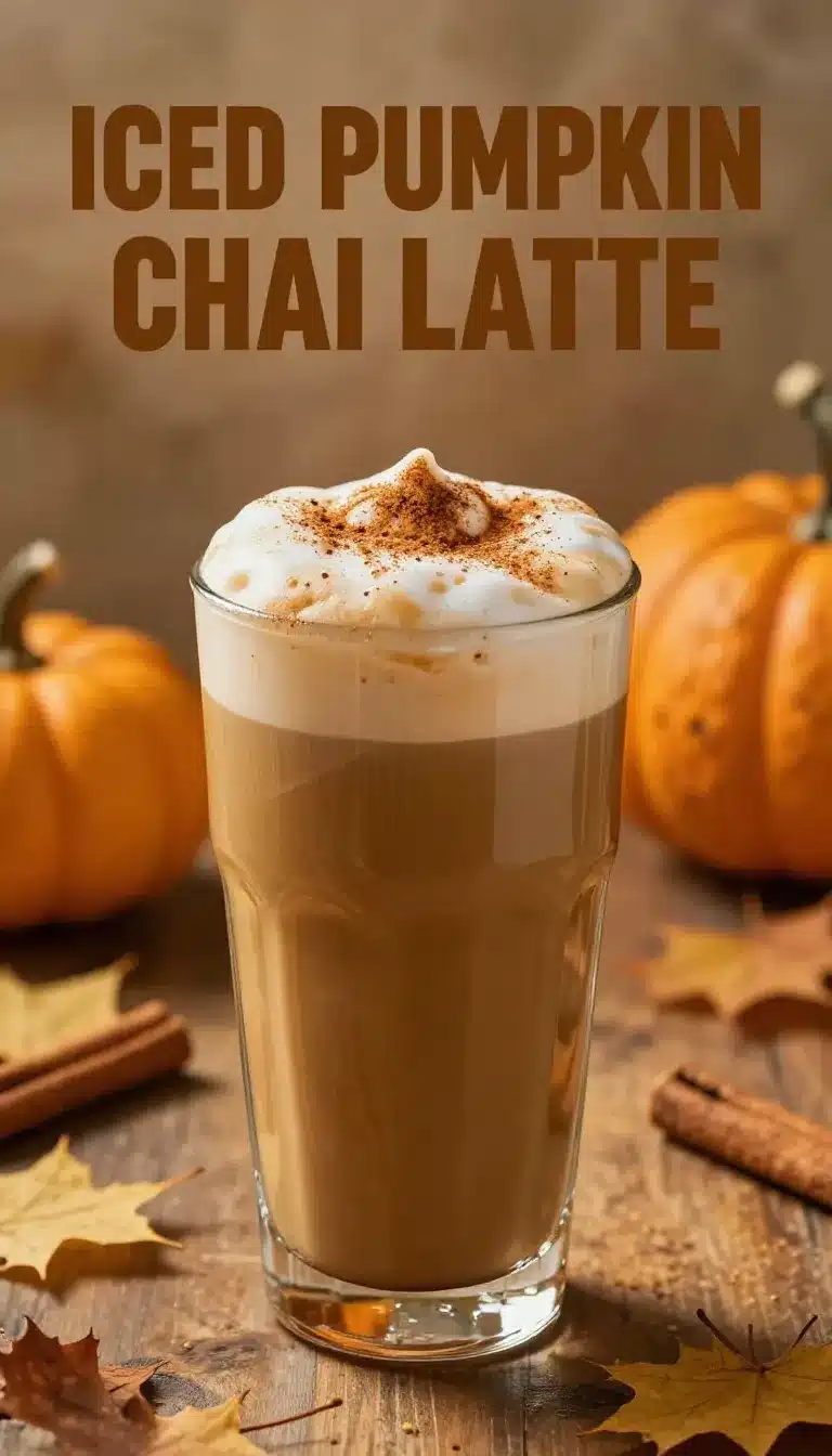 A glass of iced pumpkin cream chai latte served on a wooden table with fall-themed decor.