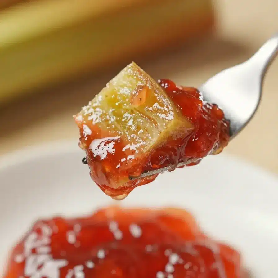 A jar of homemade rhubarb and strawberry jam on a wooden table.