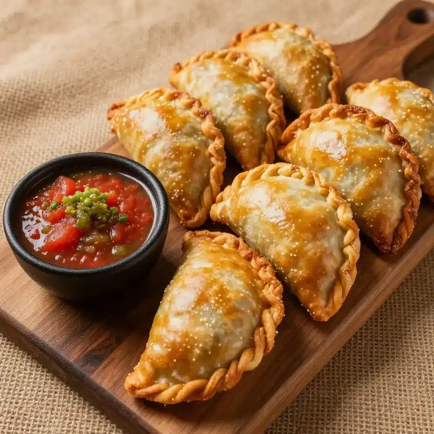 Empanadas Colombiane 5 Close-up of freshly baked Colombian empanadas on a wooden plate.