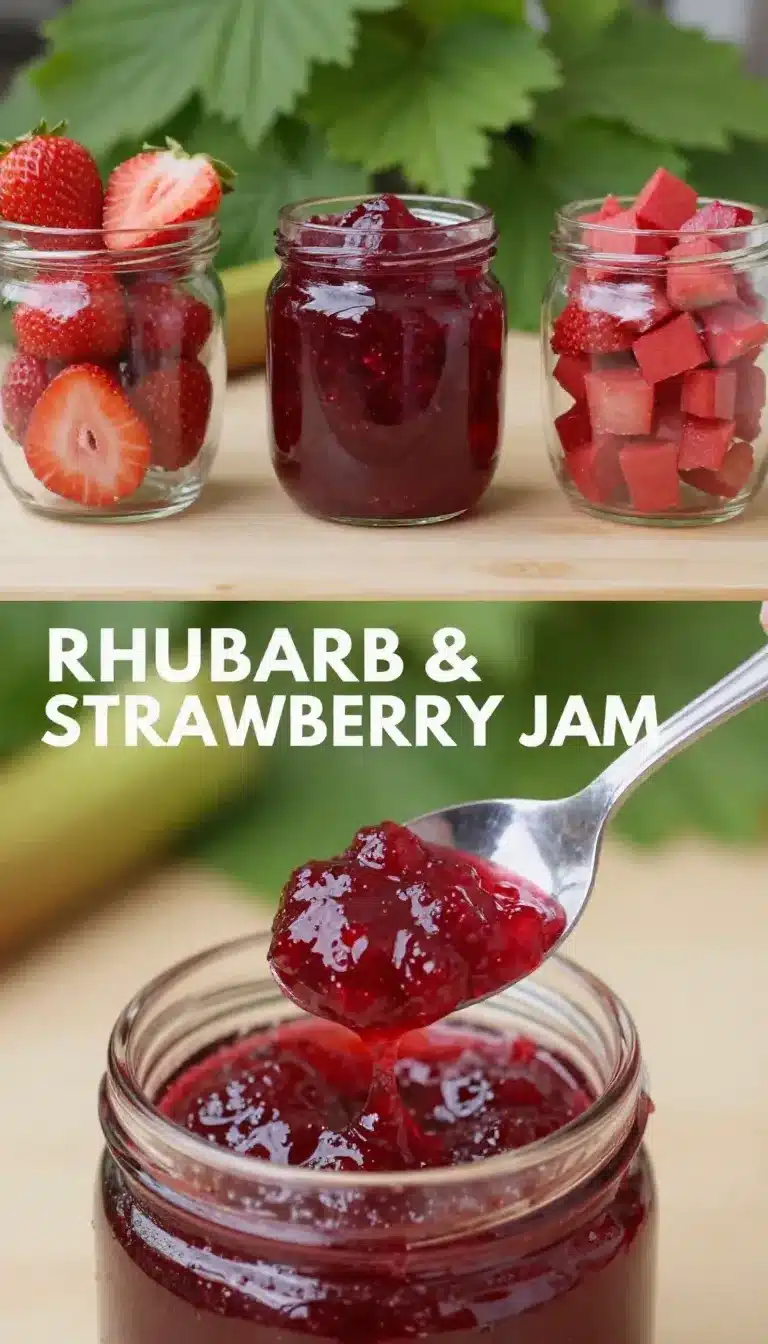 A jar of homemade rhubarb and strawberry jam on a wooden table.