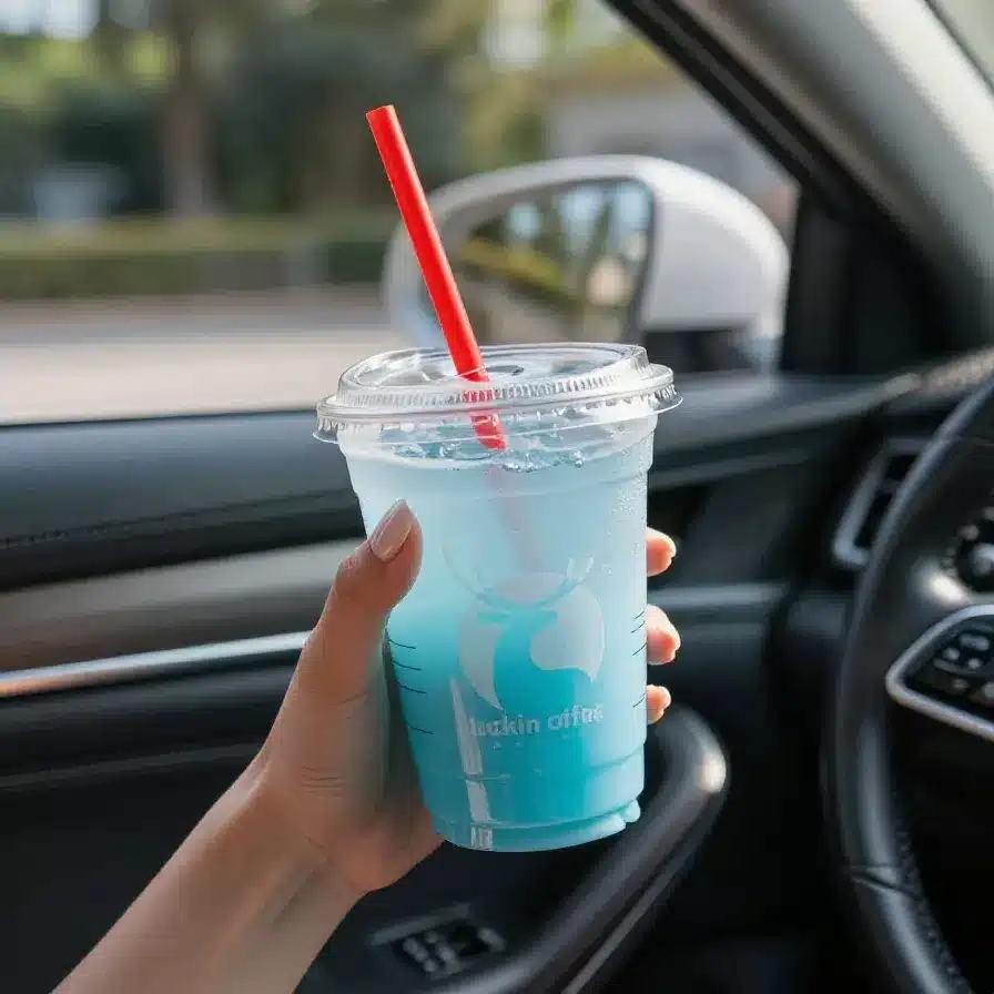 Perfect Order: Coconut, Vanilla, Blue Raspberry, and Cream Drink 5 A colorful drink featuring layers of coconut, vanilla, blue raspberry, and cream served in a tall glass with a straw