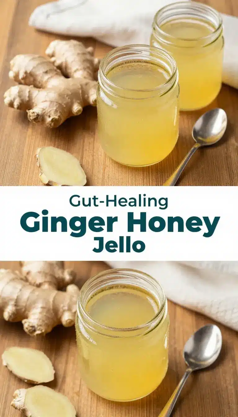 Gut Healing Ginger Honey Jello 9 A bowl of gut healing ginger honey jello topped with fresh ginger slices