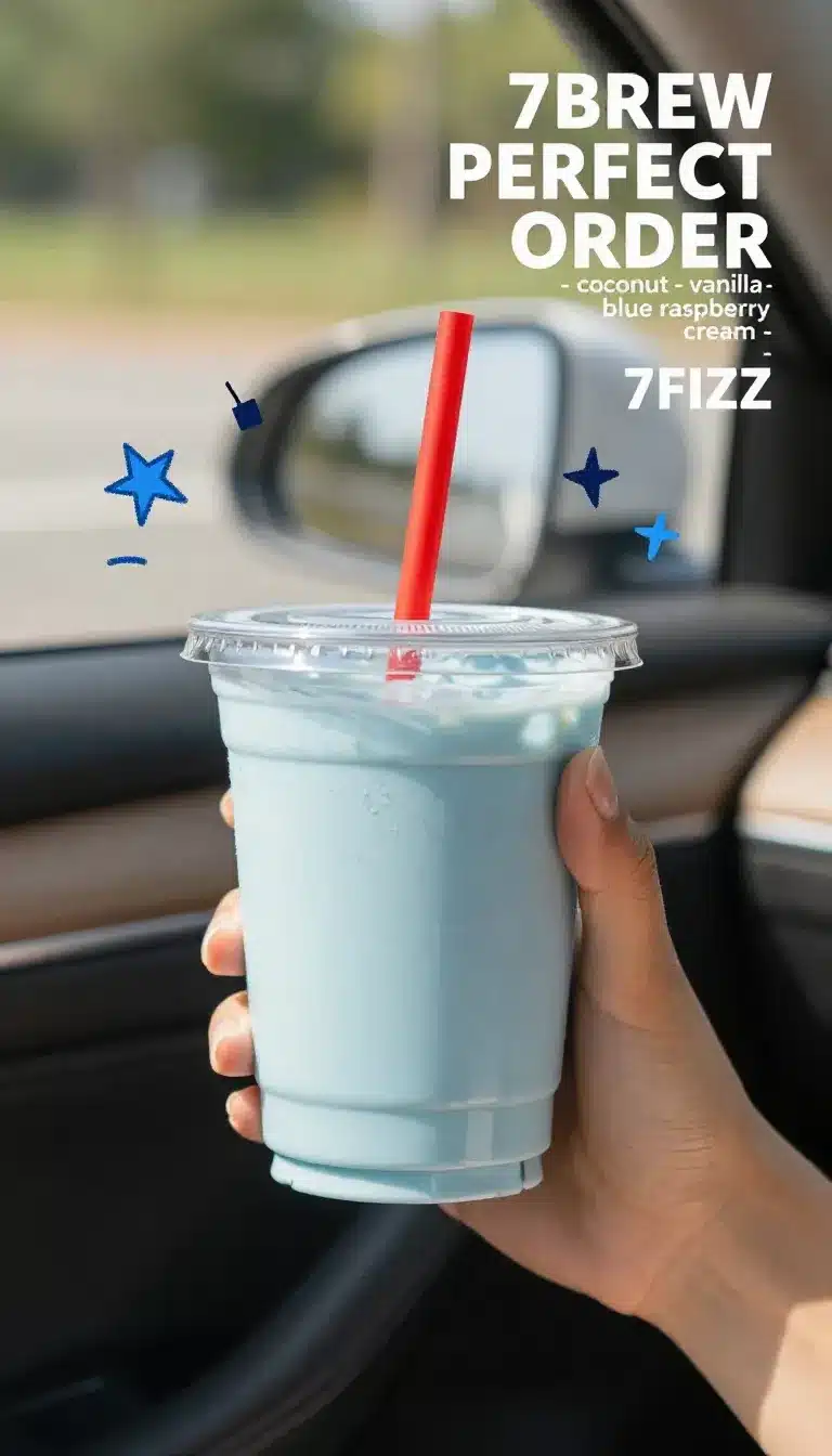 Perfect Order: Coconut, Vanilla, Blue Raspberry, and Cream Drink 8 A colorful drink featuring layers of coconut, vanilla, blue raspberry, and cream served in a tall glass with a straw