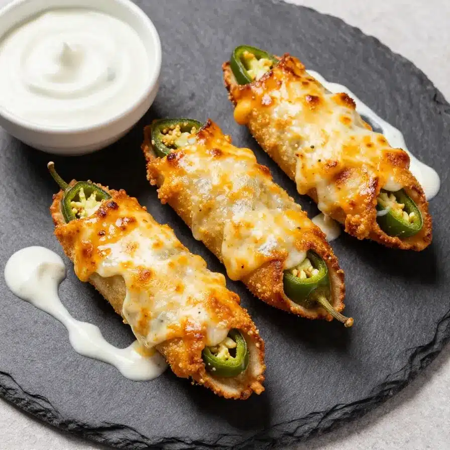 Jalapeno Poppers with Bacon 5 A plate of jalapeno poppers stuffed with cheese and wrapped in crispy bacon