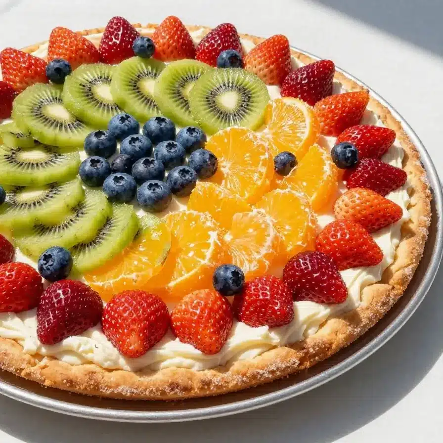 Fruit Pizza Recipe 5 A colorful fruit pizza topped with a variety of fresh fruits like strawberries, kiwi, and blueberries on a cookie crust