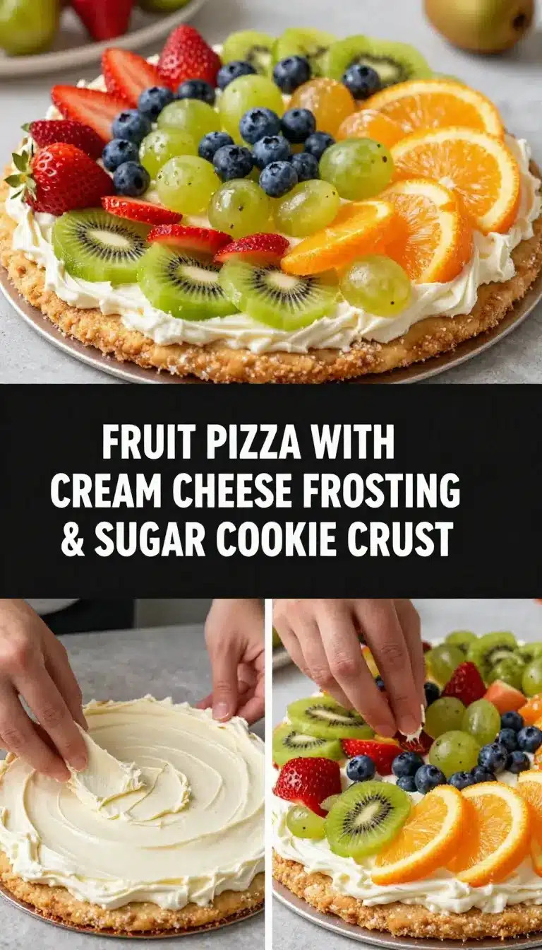 Fruit Pizza Recipe 9 A colorful fruit pizza topped with a variety of fresh fruits like strawberries, kiwi, and blueberries on a cookie crust