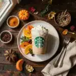 Low-Calorie Starbucks Fall Drink Recipe 4 A homemade low-calorie fall drink inspired by Starbucks, served in a glass mug with autumn decorations.